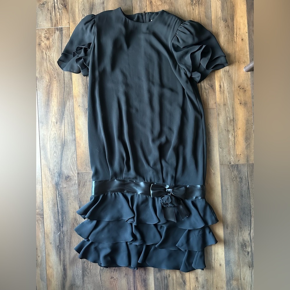 1980s Libra II Black Power Shoulder Ruffle Cocktail Dress Petite